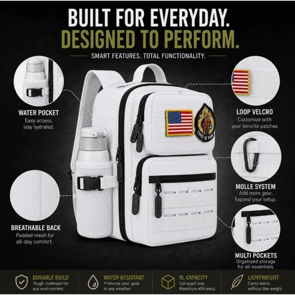 FlipFit Mini Backpack Unisex 9L White Tactical MOLLE Water Resistant